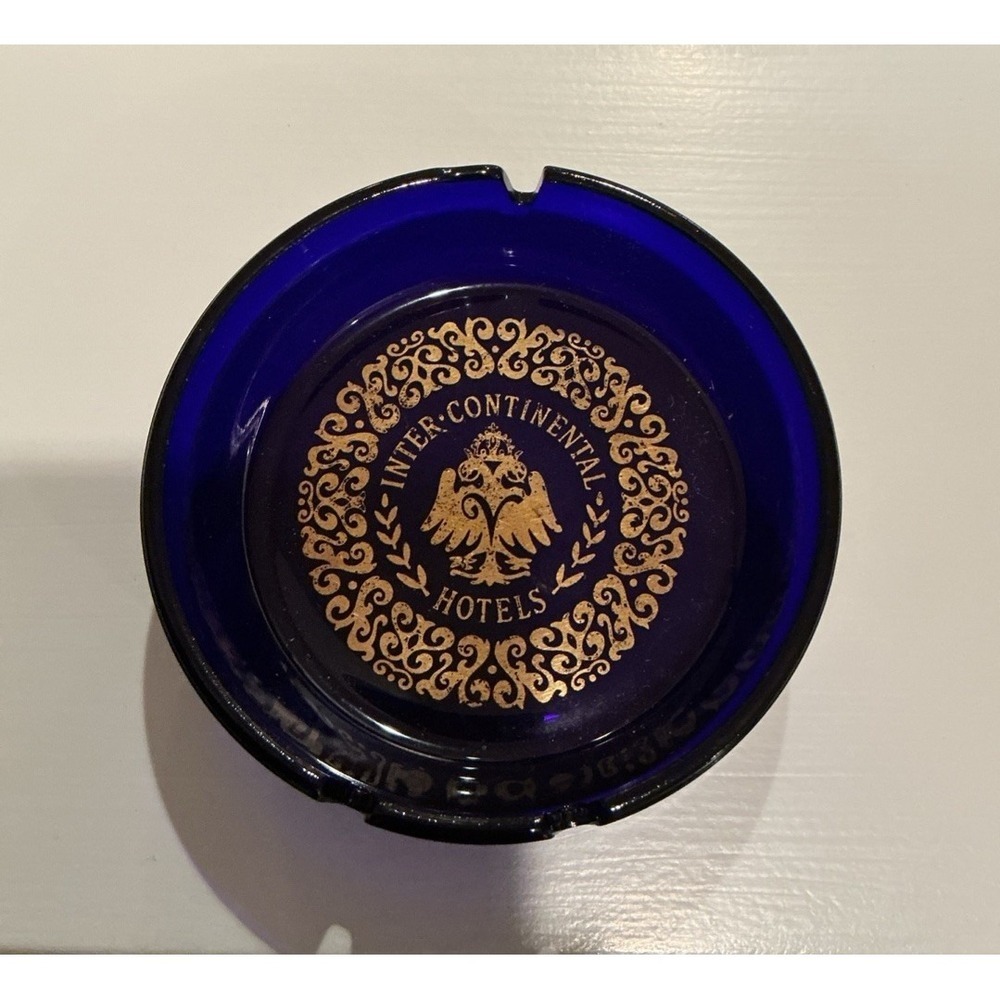 Vintage Inter-Continental Hotels Cobalt Blue Round Glass Ashtray 4.5" MCM